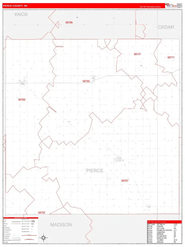 Pierce County, NE ZIP Code Wall Map, RedLine style