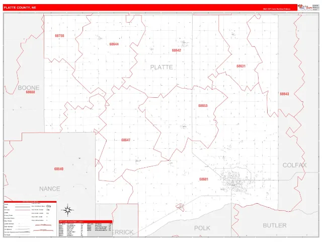 Platte County, NE ZIP Code Wall Map, RedLine style