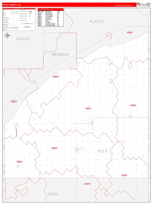 Polk County, NE ZIP Code Wall Map, RedLine style