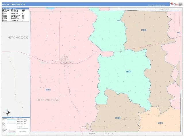 Red Willow County, NE ZIP Code Wall Map, ColorCast style