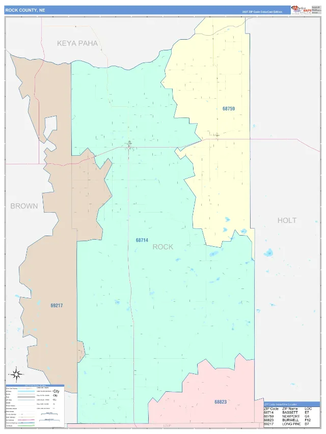 Rock County, NE ZIP Code Wall Map, ColorCast style