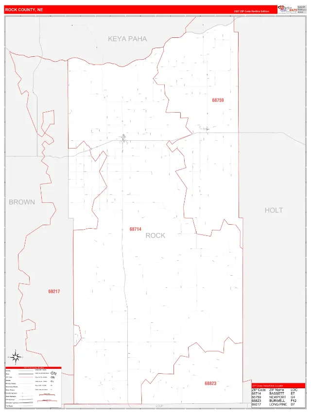 Rock County, NE ZIP Code Wall Map, RedLine style