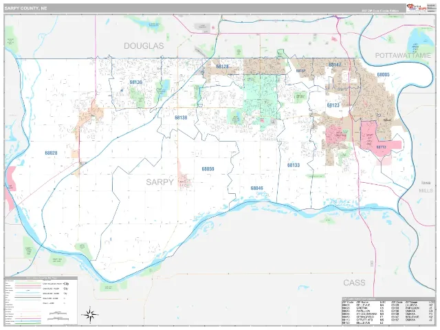 Sarpy County, NE ZIP Code Wall Map, Classic style