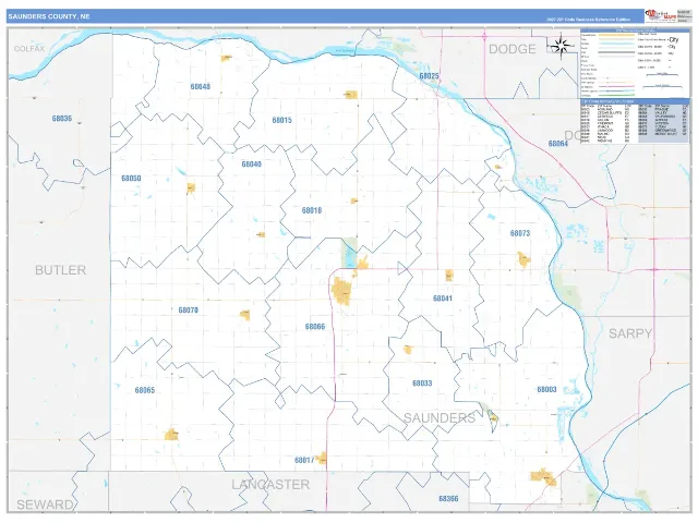Saunders County, NE ZIP Code Wall Map, Business Reference style
