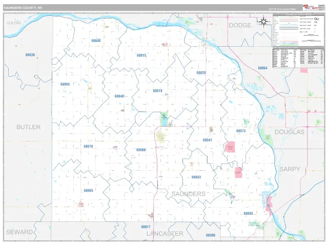Saunders County, NE ZIP Code Wall Map, Classic style