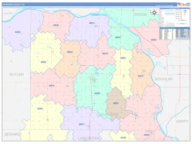 Saunders County, NE ZIP Code Wall Map, ColorCast style