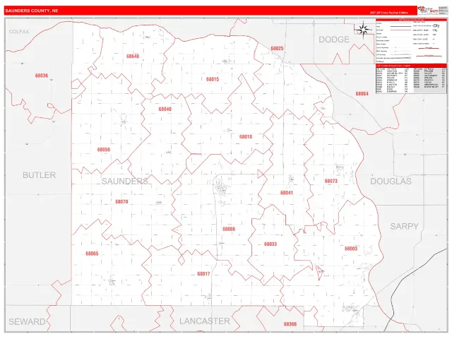 Saunders County, NE ZIP Code Wall Map, RedLine style