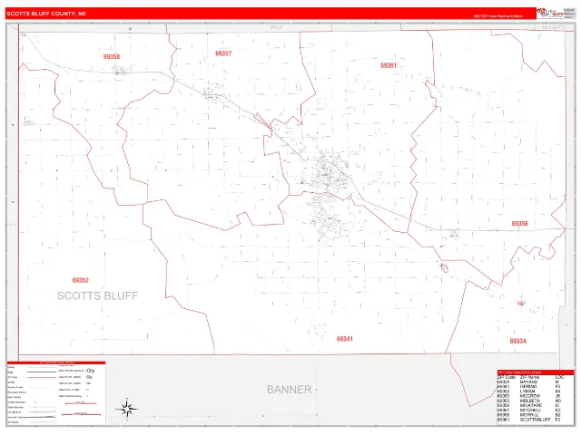 Scotts Bluff County, NE ZIP Code Wall Map, RedLine style