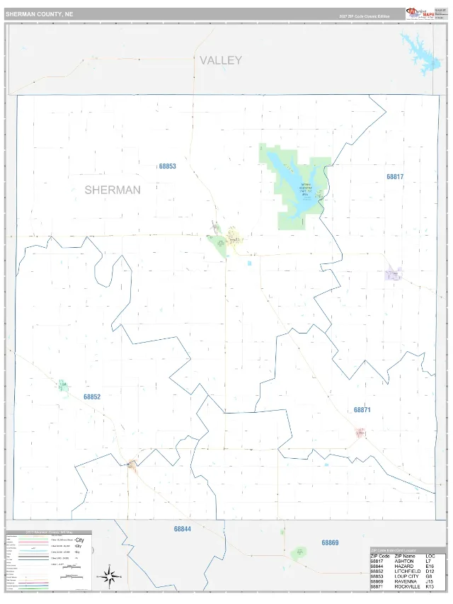 Sherman County, NE ZIP Code Wall Map, Classic style