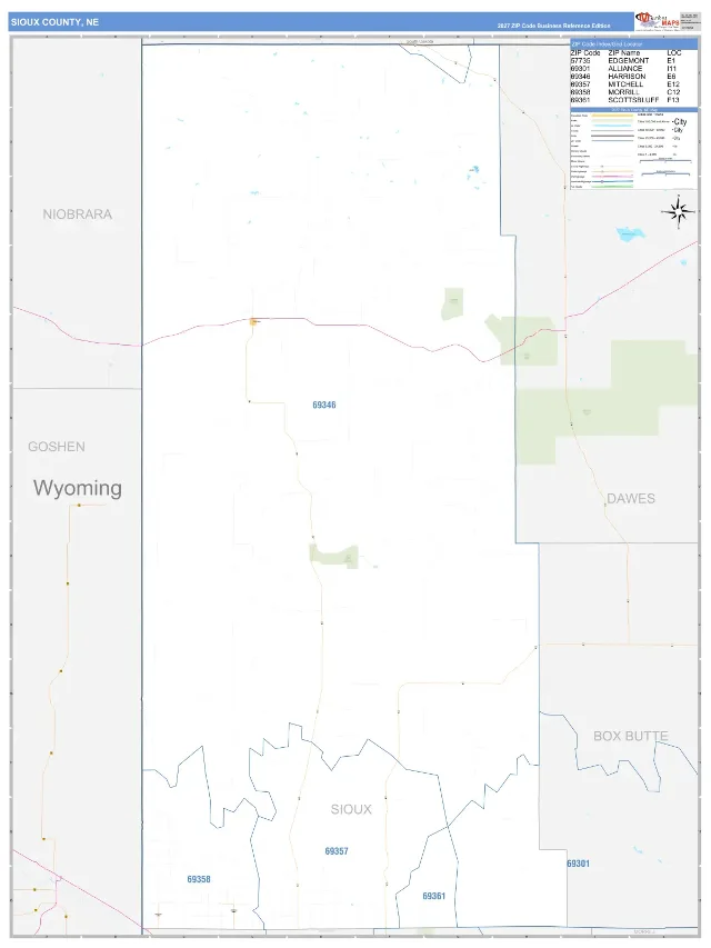Sioux County, NE ZIP Code Wall Map, Business Reference style