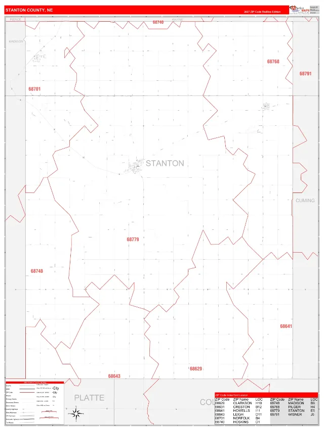 Stanton County, NE ZIP Code Wall Map, RedLine style