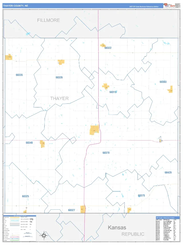 Thayer County, NE ZIP Code Wall Map, Business Reference style