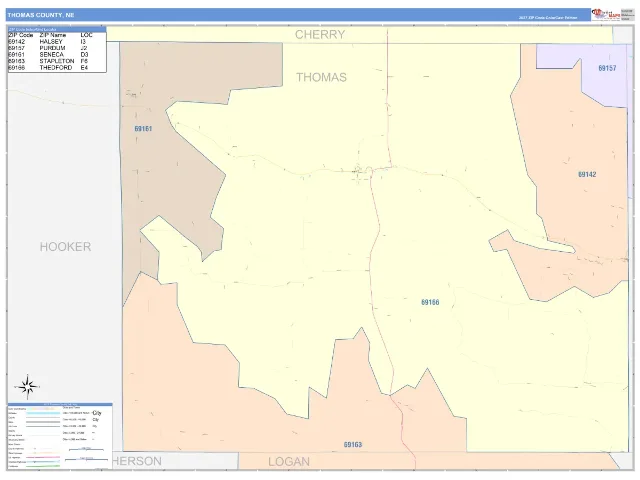 Thomas County, NE ZIP Code Wall Map, ColorCast style