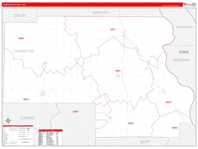 Thurston County, NE ZIP Code Wall Map, RedLine style