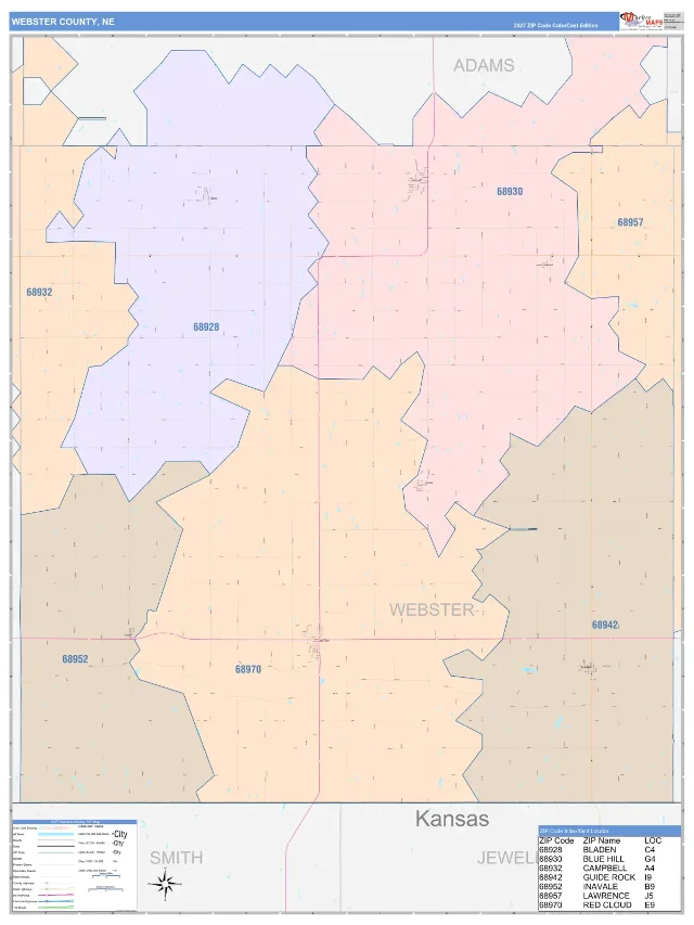 Webster County, NE ZIP Code Wall Map, ColorCast style