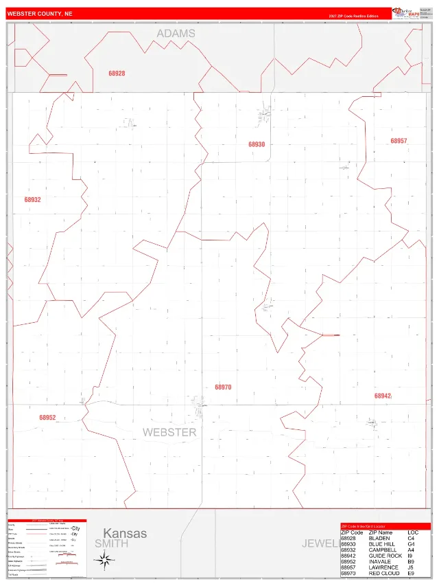 Webster County, NE ZIP Code Wall Map, RedLine style