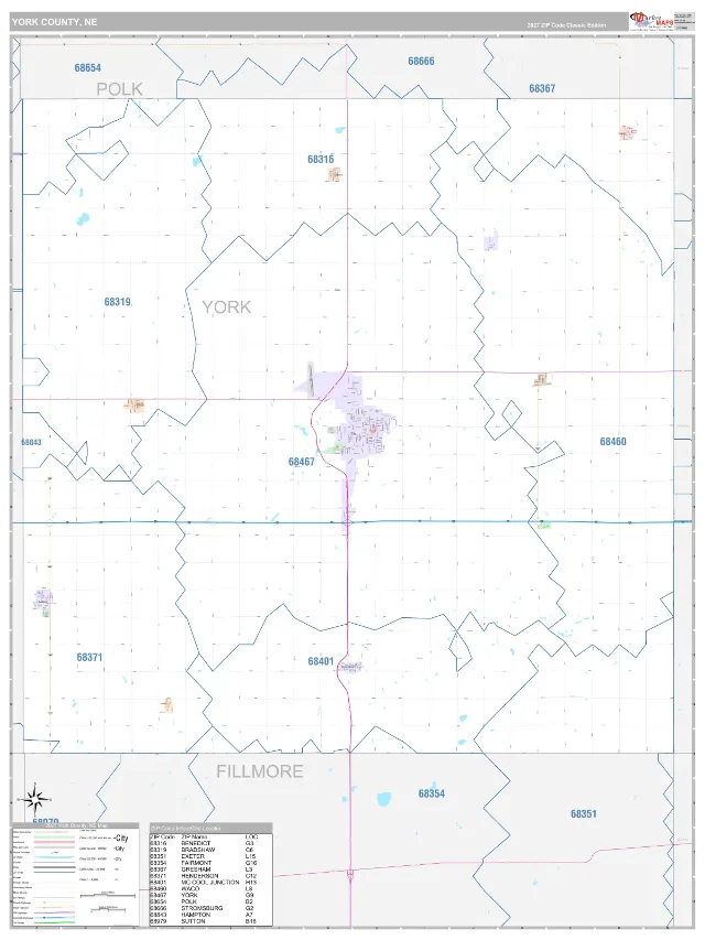 York County, NE ZIP Code Wall Map, Classic style