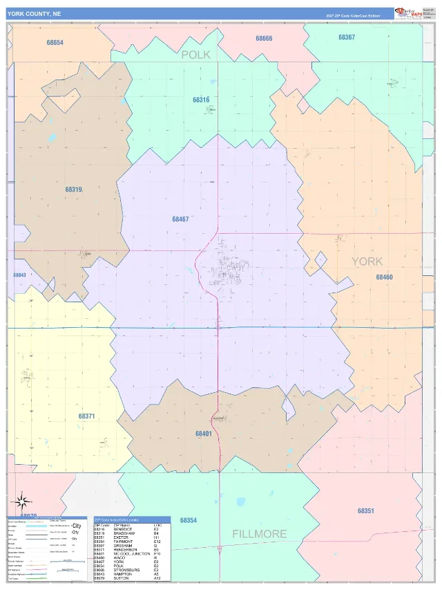 York County, NE ZIP Code Wall Map, ColorCast style