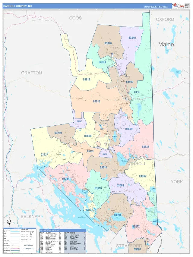 Carroll County, NH ZIP Code Wall Map, ColorCast style