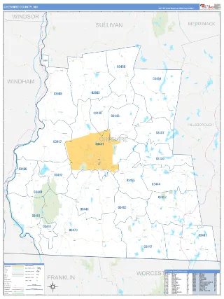 Cheshire County, NH Business Reference style ZIP Code wall map
