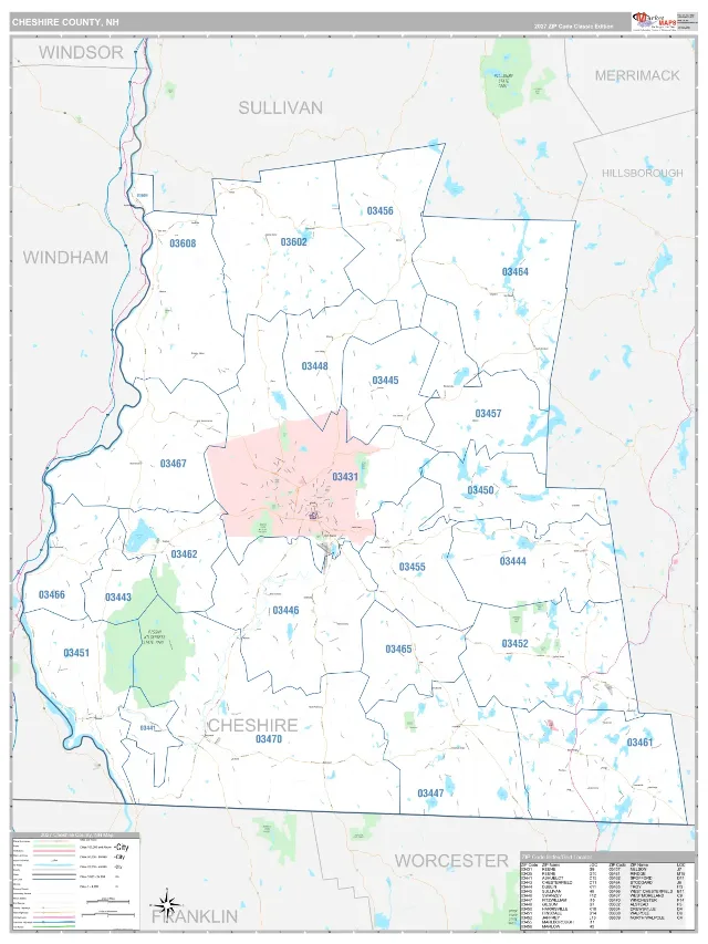 Cheshire County, NH ZIP Code Wall Map, Classic style