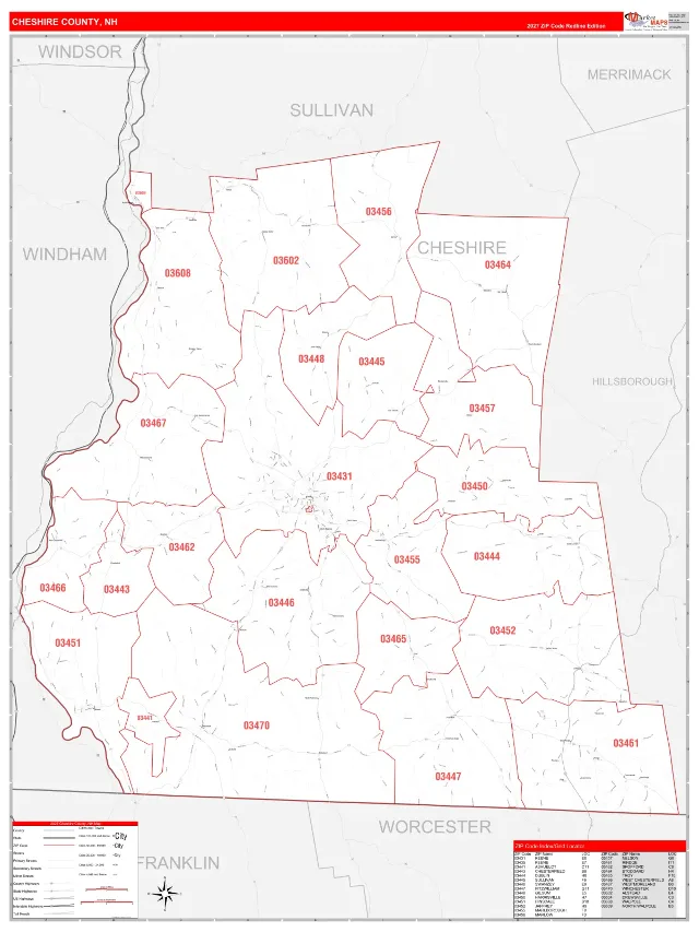 Cheshire County, NH ZIP Code Wall Map, RedLine style