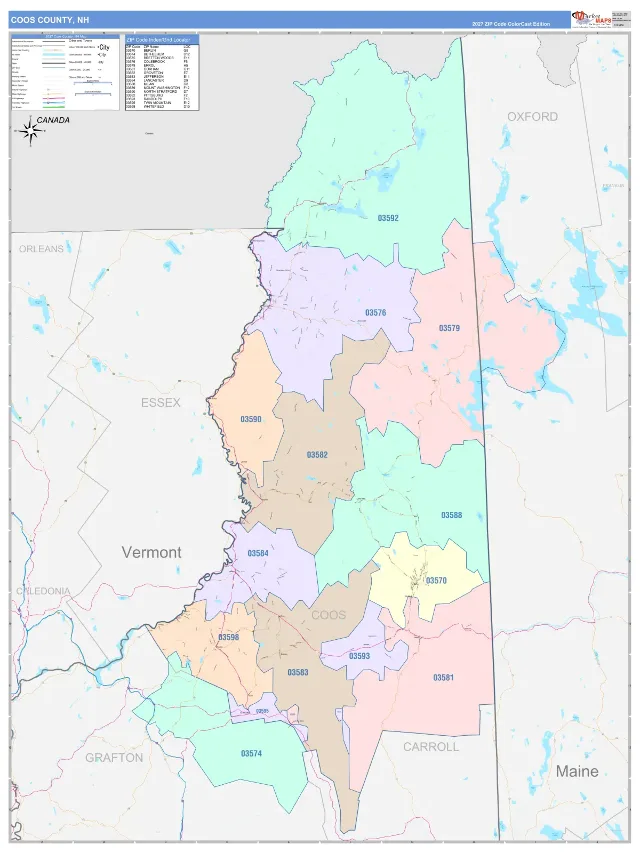Coos County, NH ZIP Code Wall Map, ColorCast style