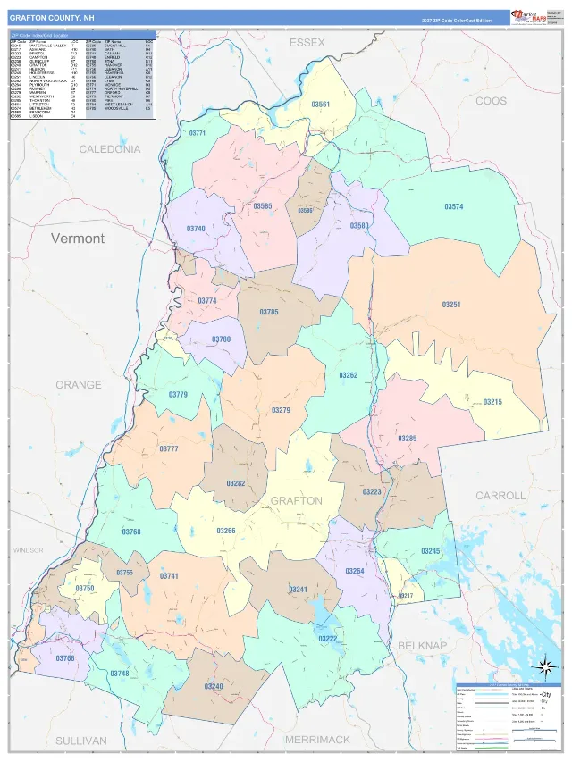 Grafton County, NH ZIP Code Wall Map, ColorCast style