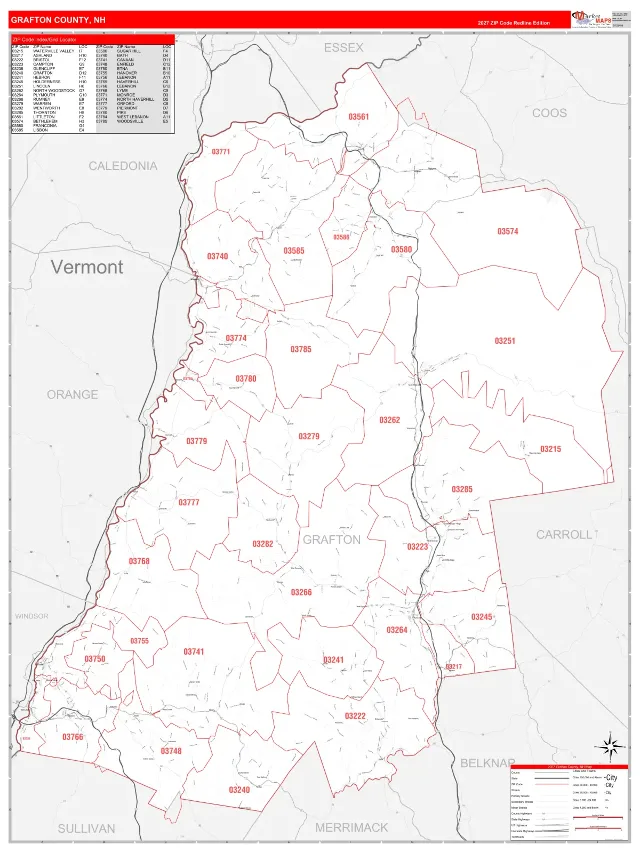 Grafton County, NH ZIP Code Wall Map, RedLine style