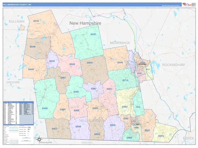 Hillsborough County, NH ZIP Code Wall Map, ColorCast style