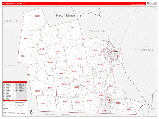 Hillsborough County, NH ZIP Code Wall Map, RedLine style
