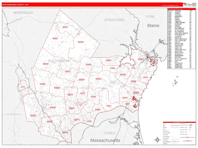 Rockingham County, NH ZIP Code Wall Map, RedLine style