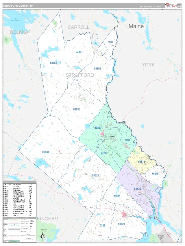 Strafford County, NH ZIP Code Wall Map, Classic style
