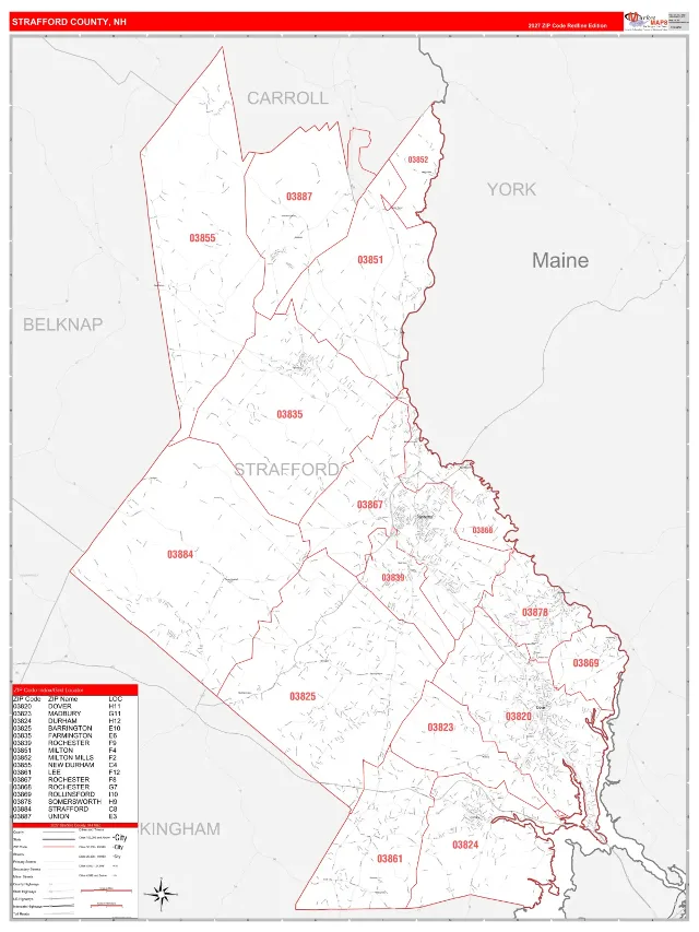 Strafford County, NH ZIP Code Wall Map, RedLine style