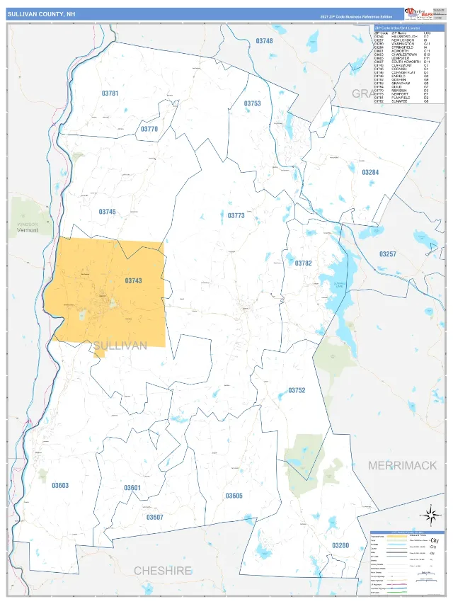 Sullivan County, NH ZIP Code Wall Map, Business Reference style