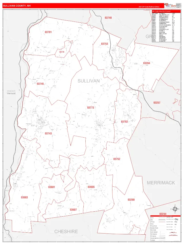 Sullivan County, NH ZIP Code Wall Map, RedLine style