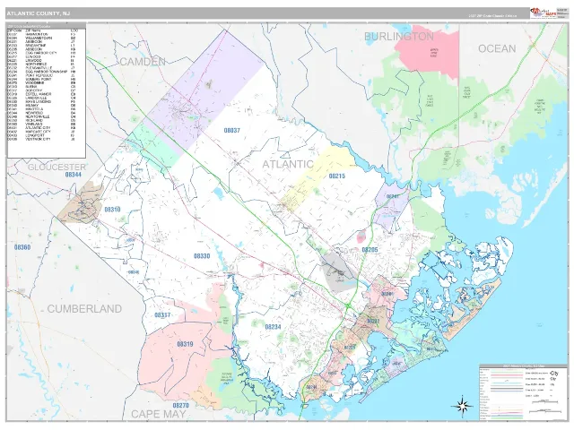 Atlantic County, NJ ZIP Code Wall Map, Classic style