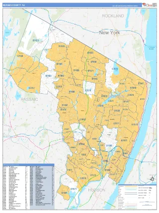 Bergen County, NJ Business Reference style ZIP Code wall map