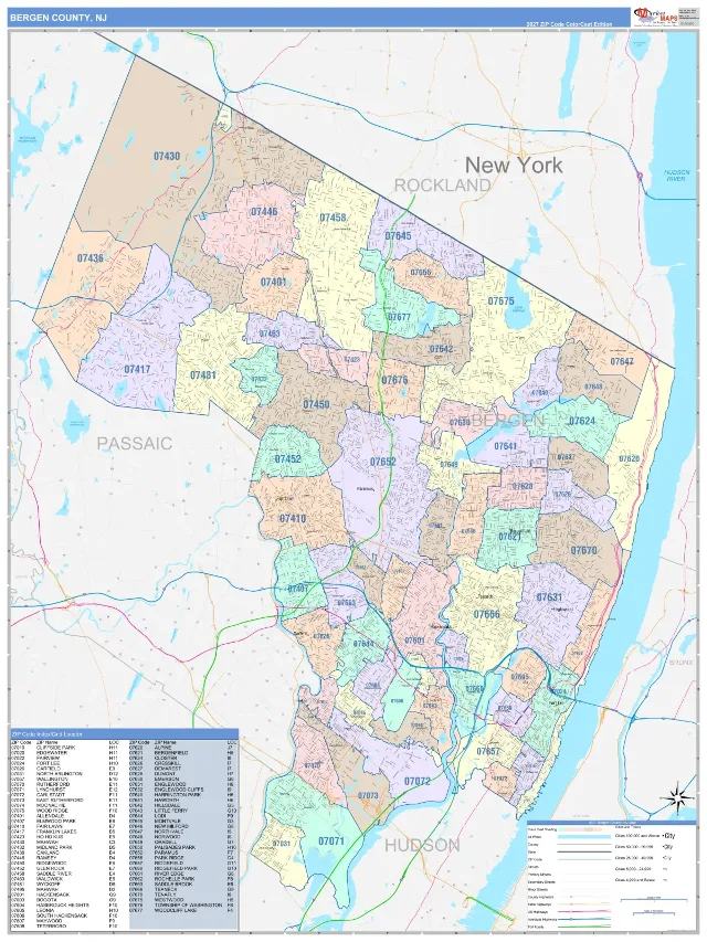 Bergen County, NJ ZIP Code Wall Map, ColorCast style