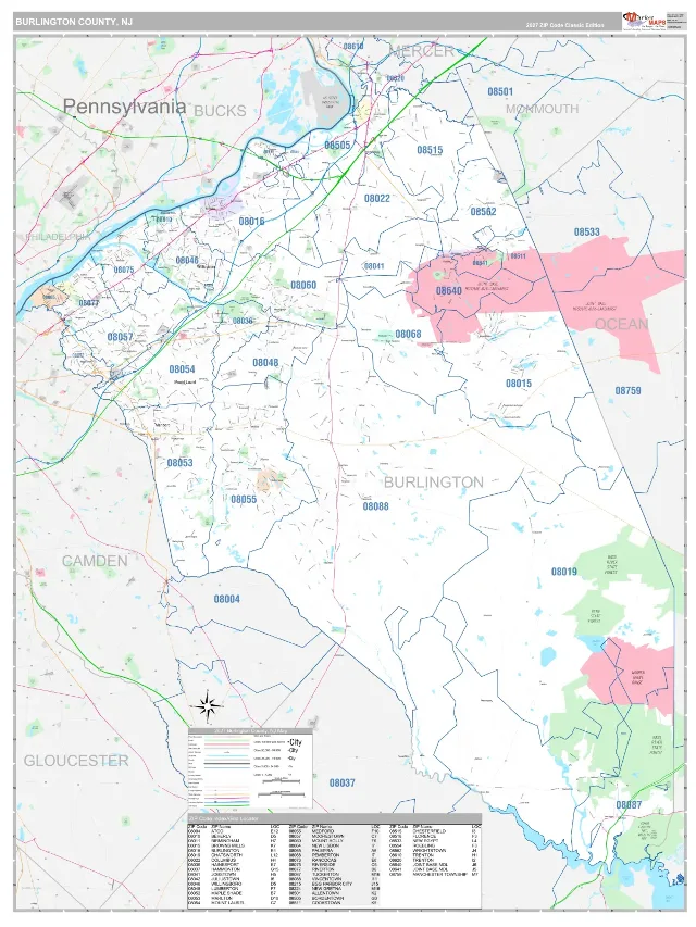 Burlington County, NJ ZIP Code Wall Map, Classic style