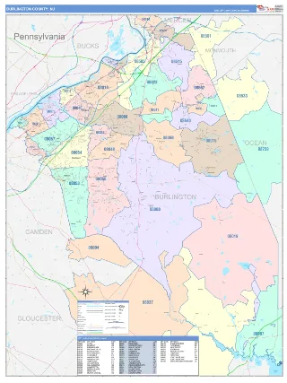 Burlington County, NJ ColorCast style ZIP Code wall map