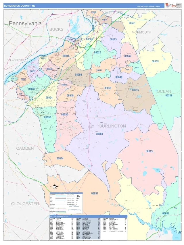 Burlington County, NJ ZIP Code Wall Map, ColorCast style