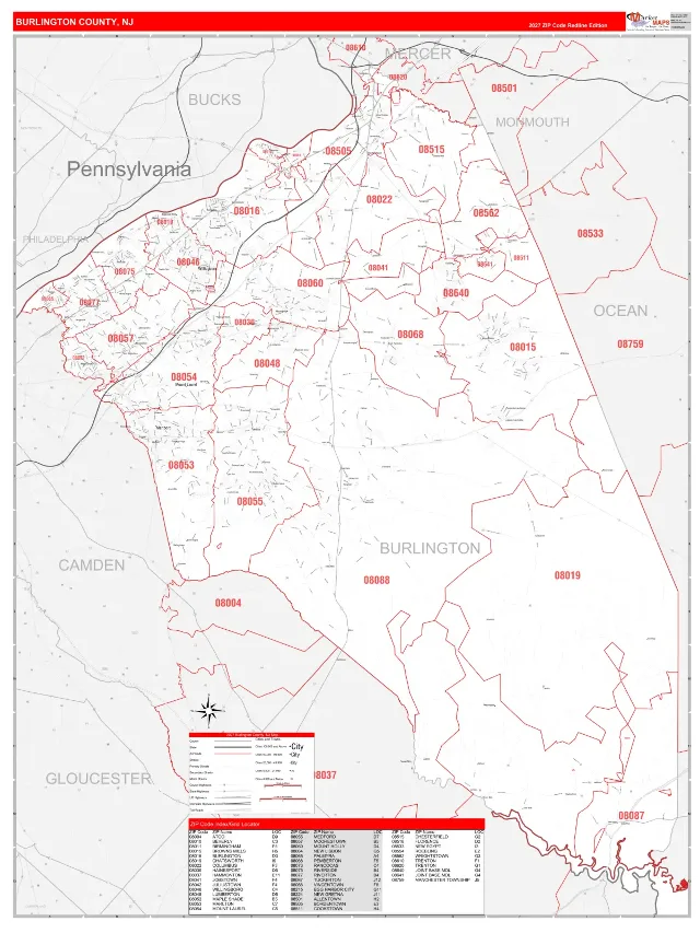 Burlington County, NJ ZIP Code Wall Map, RedLine style