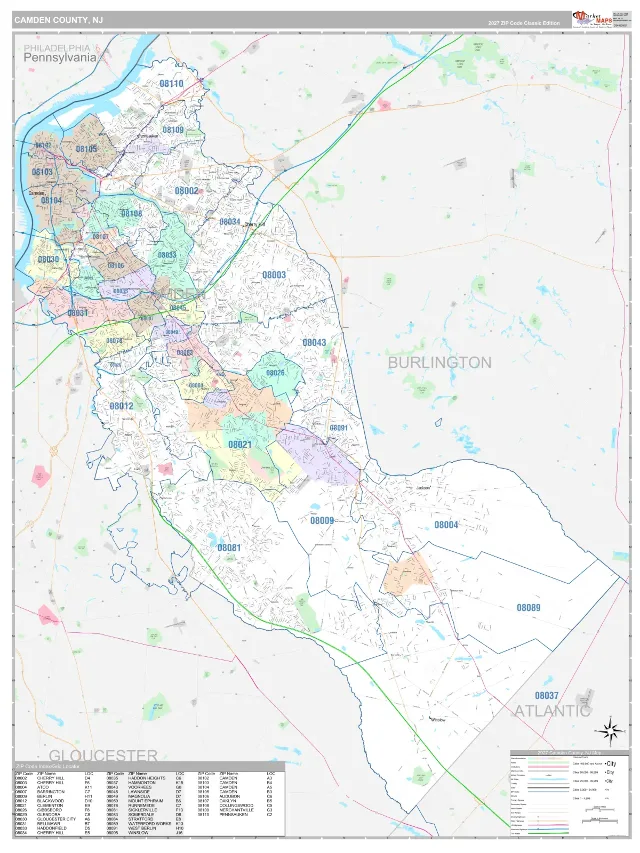 Camden County, NJ ZIP Code Wall Map, Classic style