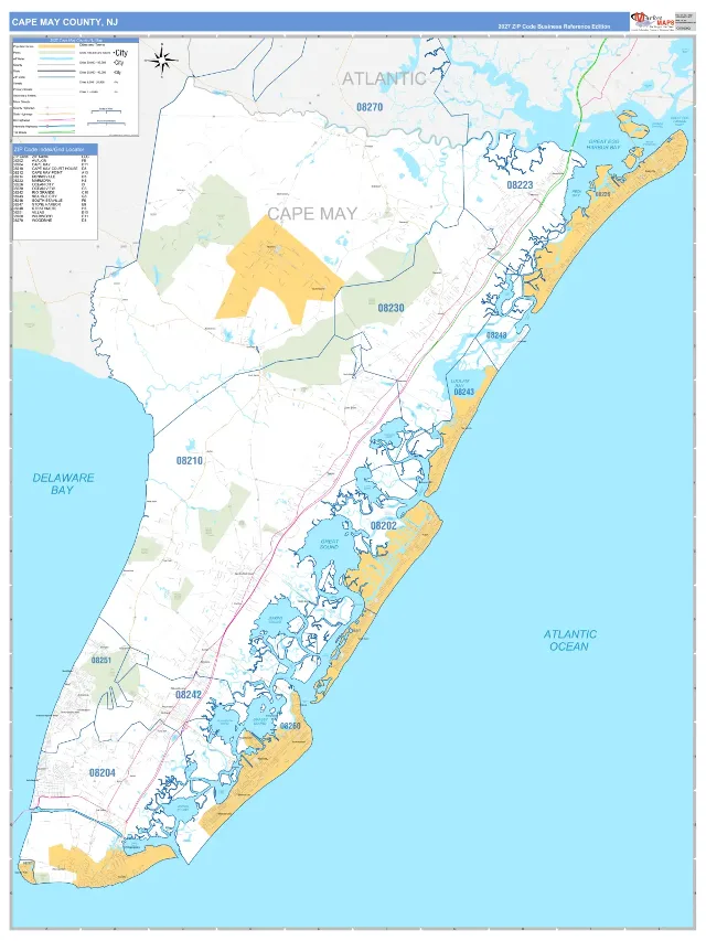 Cape May County, NJ ZIP Code Wall Map, Business Reference style