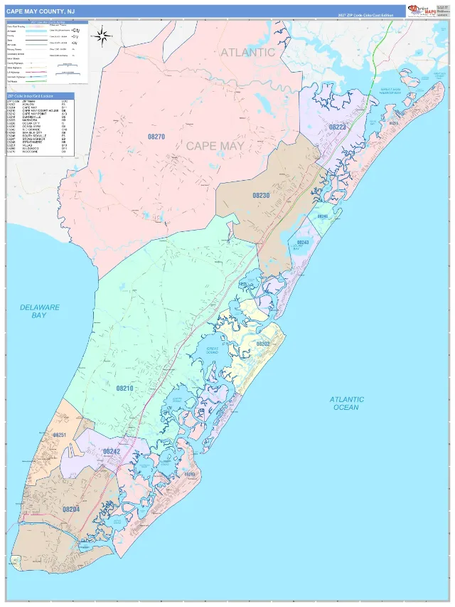Cape May County, NJ ZIP Code Wall Map, ColorCast style