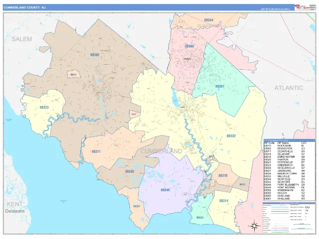 Cumberland County, NJ ZIP Code Wall Map, ColorCast style