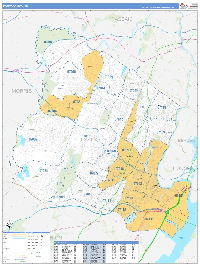 Essex County, NJ ZIP Code Wall Map, Business Reference style