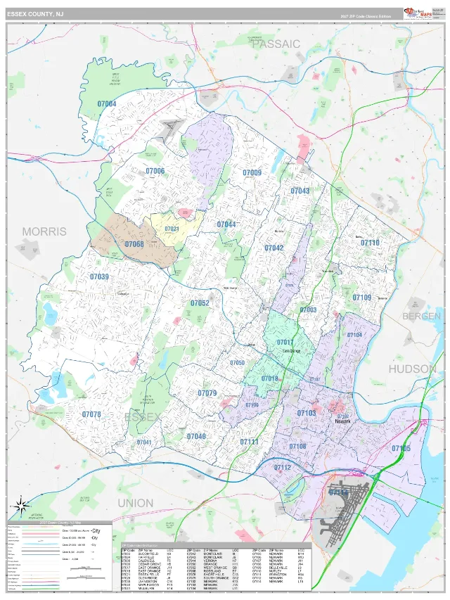 Essex County, NJ ZIP Code Wall Map, Classic style