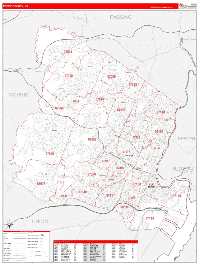 Essex County, NJ ZIP Code Wall Map, RedLine style